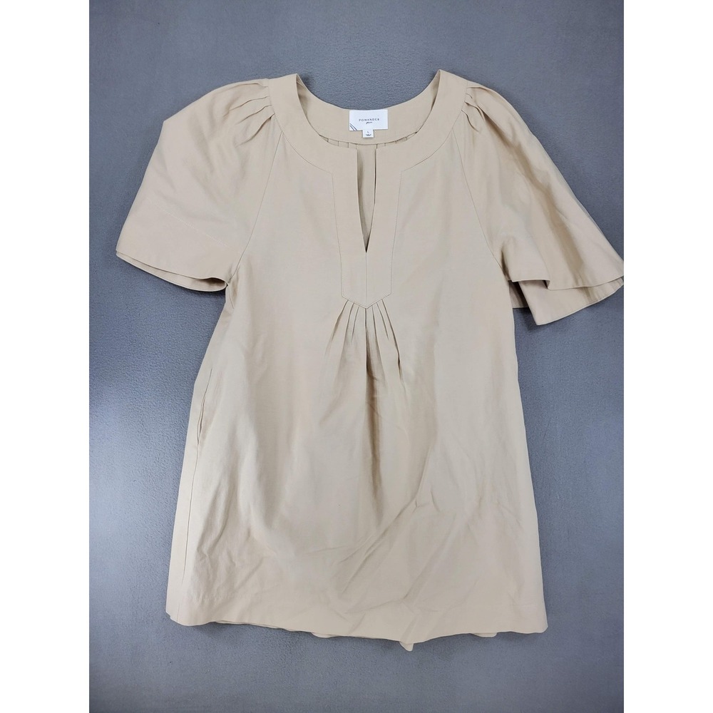 Pomander Place Tunic Women L Beige Split Neck Flutter Sleeve Cotton Pleated‎